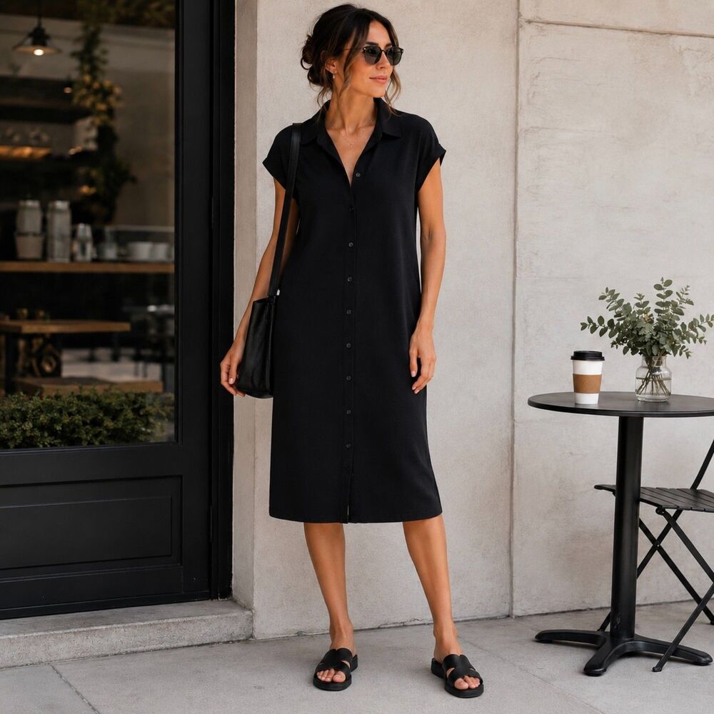 Eileen Fisher Black Tencel Lyocell Shirt Dress XS Capsule Wardrobe Minimalist